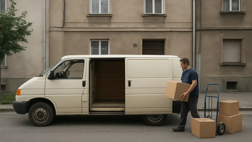 Kombi spreman za usluge prijevoza ispred stambene zgrade