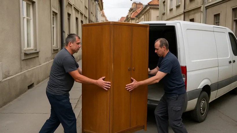 Radnici nose ormar do kombija tijekom selidbe u Zagrebu