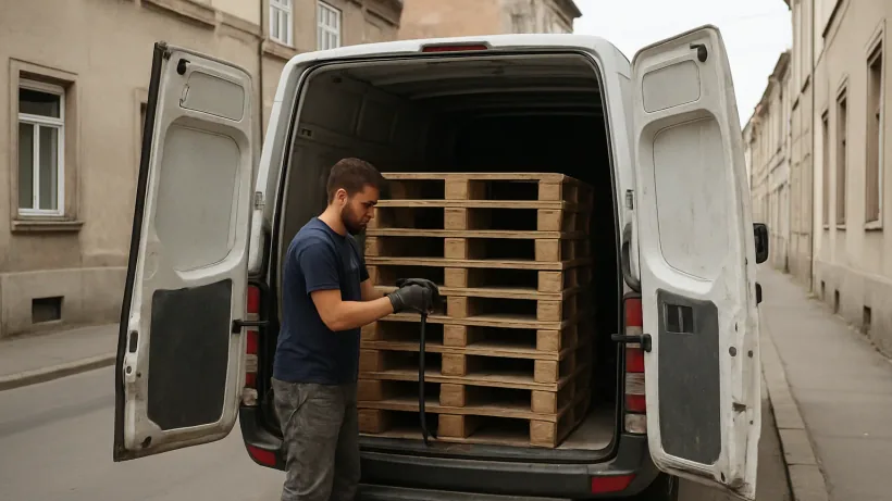 Radnik učvršćuje palete u kombiju za međunarodni prijevoz