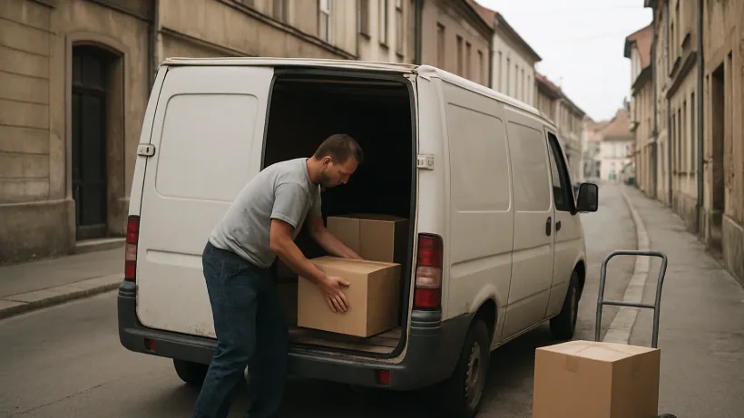 Vozač istovaruje pakete iz kombija nakon međugradskog prijevoza