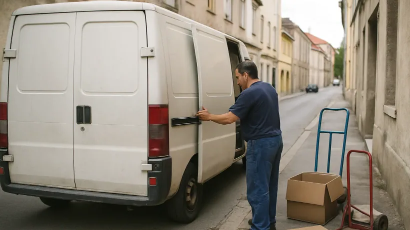 Vozač zatvara vrata kombija za prijevoz i selidbe